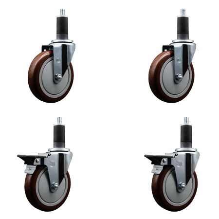 Service Caster 5'' Maroon Poly Wheel Swivel 1-1/4'' Expanding Stem Caster Set 2 Brakes, 4PK SCC-EX20S514-PPUB-MRN-2-PLB-2-114